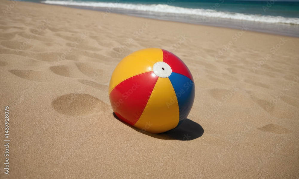 Obraz premium A colorful beach ball lies on a sunny sandy beach near the ocean, perfect for a fun day out
