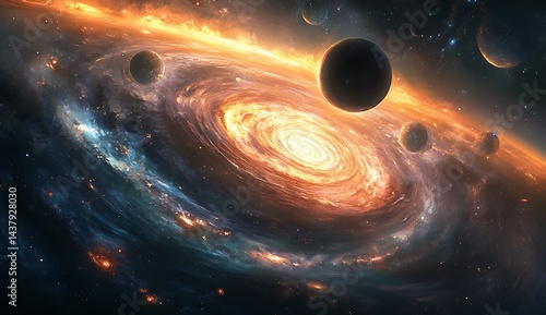 A vibrant swirling vortex of colors and shapes, symbolizing the dynamic energy flow of a black hole, with visible planets and stars being drawn into its gravitational pull.
