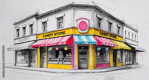 Colorful candy store shop building design in sketch hand drawing black and white on plain white background