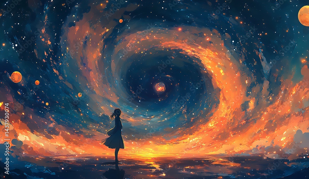 Naklejka premium A vibrant swirling vortex of colors and shapes, symbolizing the dynamic energy flow of a black hole, with visible planets and stars being drawn into its gravitational pull.