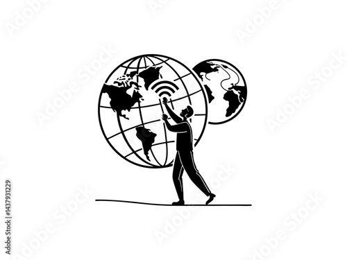 A Man Interacting with a World Globe via Wireless Technology, illustration of a person interacting with a large world globe using wireless technology, suggesting global connectivity and communication.