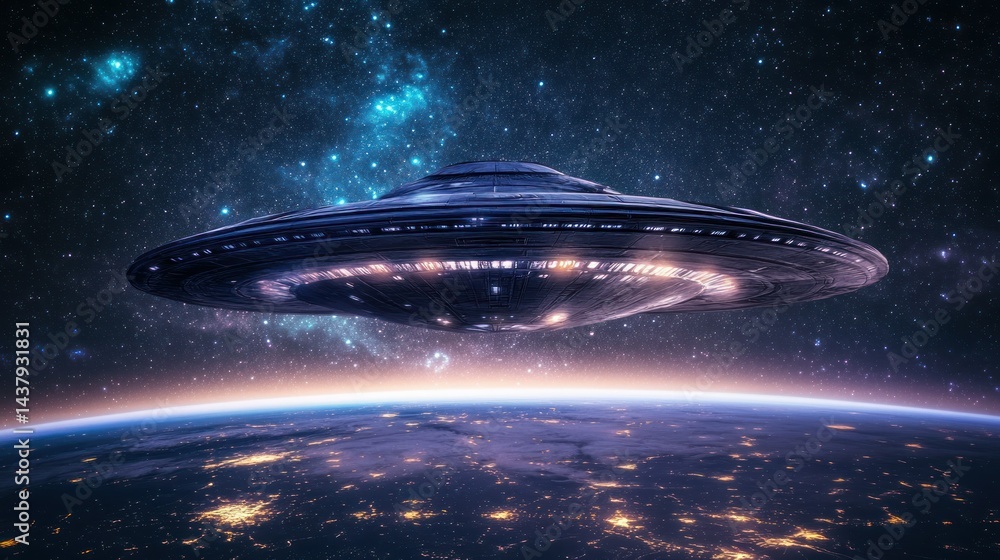 A huge alien ship floating above Earth, surrounded by a vast starry sky, background wallpaper AI generated image A huge alien ship floating above Earth, surrounded by a vast starry sky, background wallpaper AI generated image