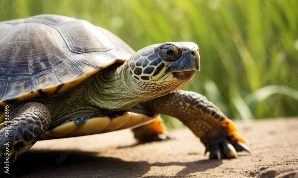 Obraz premium A close-up view of a turtle perched on a rock, highlighting its shell and facial features