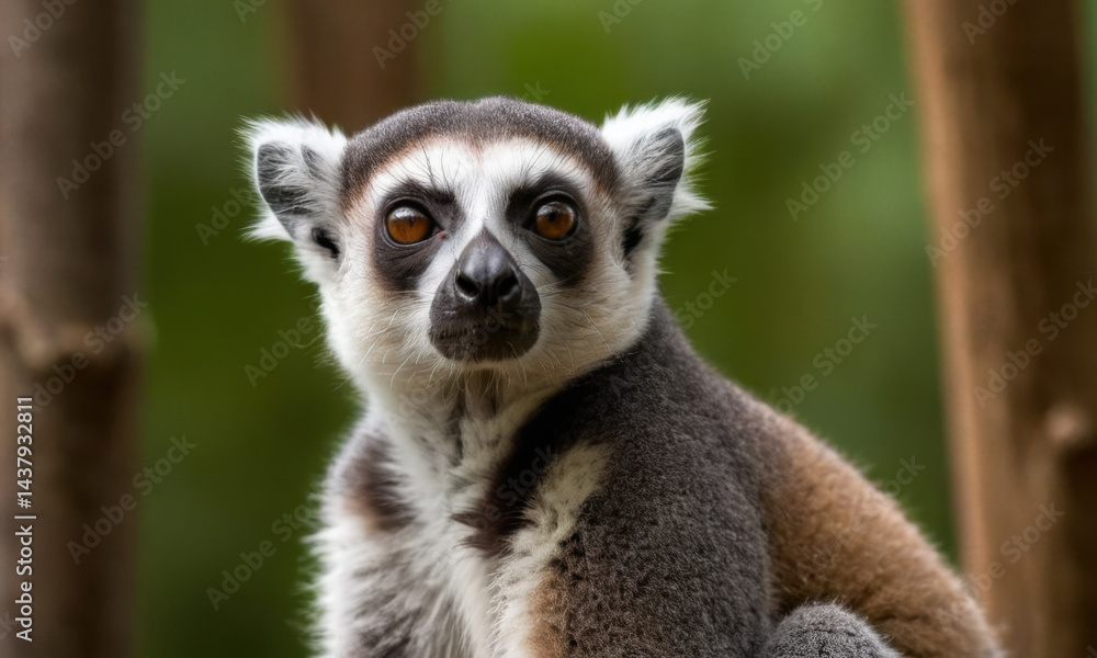 Fototapeta premium A close-up image of a ring-tailed lemur's face, showcasing its distinctive features and adorable expression