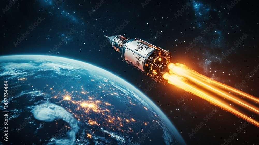 A huge spaceship flying over the Earth, surrounded by a dark starry sky background wallpaper AI generated image