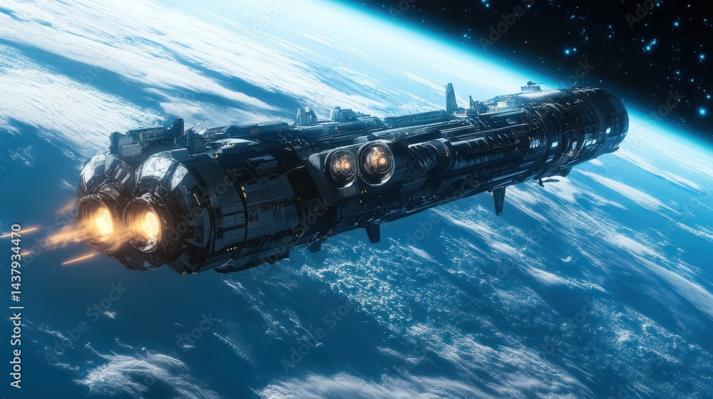 A large spaceship hovers above Earth, with its massive engines blazing. background wallpaper AI generated image