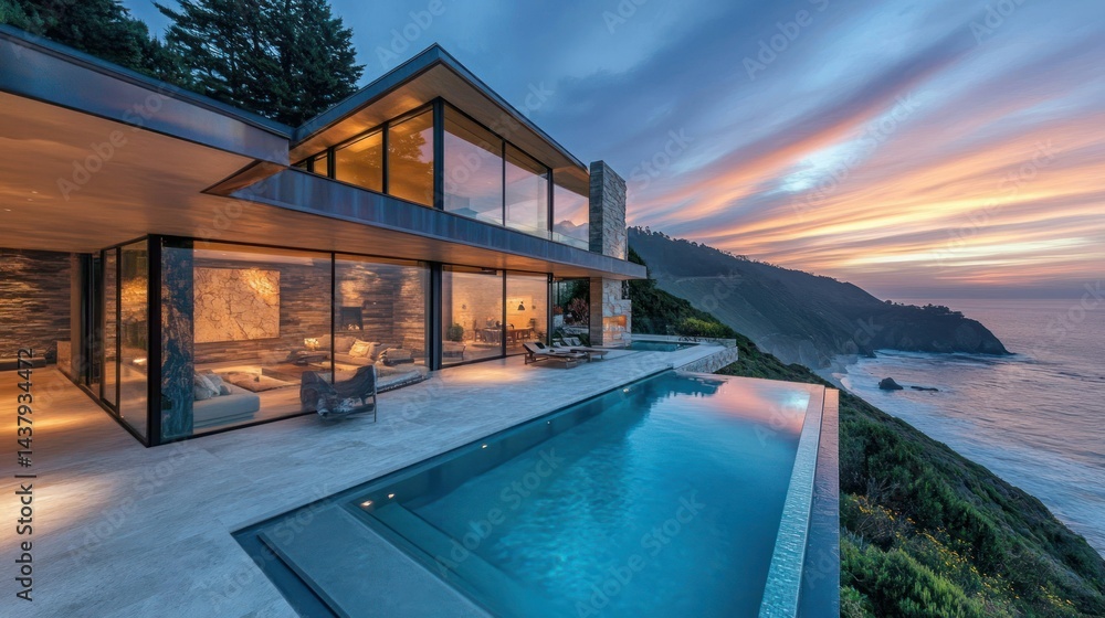 Modern mansion on the edge of a cliff, with a glass wall swimming pool, and a mountain backdrop background wallpaper AI generated image
