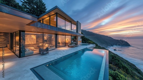 Obraz na płótnie Modern mansion on the edge of a cliff, with a glass wall swimming pool, and a mountain backdrop background wallpaper AI generated image w salonie