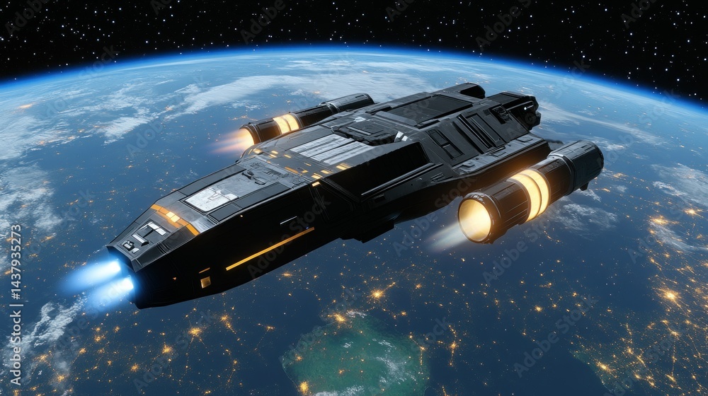 A large spaceship orbiting Earth, with advanced defense shields and bright thrusters. background wallpaper AI generated image