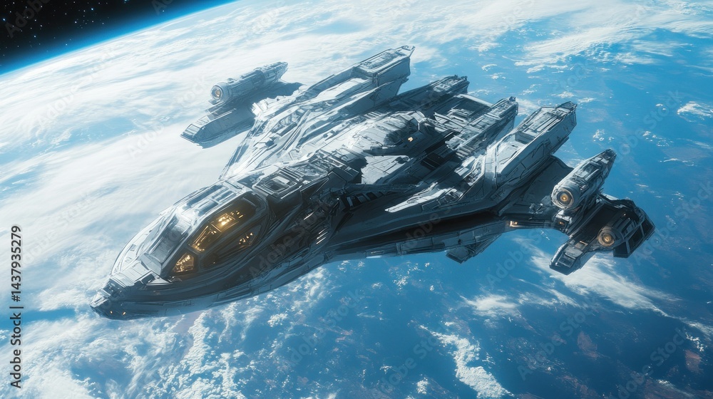Large spaceships fly just above Earth's orbit, with weapons and defense systems. background wallpaper AI generated image
