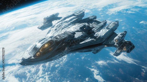 Obraz na płótnie Large spaceships fly just above Earth's orbit, with weapons and defense systems. background wallpaper AI generated image w salonie