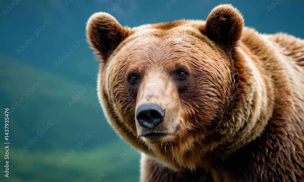 Obraz premium A large brown bear stands on the top of a lush green hillside