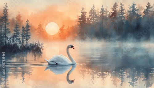 Fototapeta Naklejka Na Ścianę i Meble -  Hand painted watercolor of a graceful swan on a calm lake at sunrise
