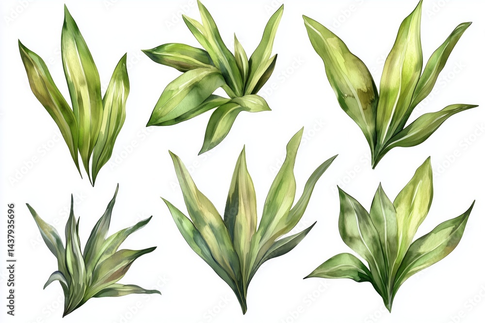 Set of palm leaves on isolated white background, watercolor illustration. Jungle design elements Set of palm leaves on isolated white background, watercolor illustration. Jungle design elements
