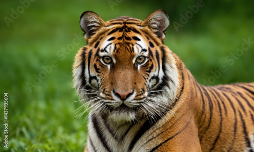 A close-up view of a tiger's face blending into the surrounding grass