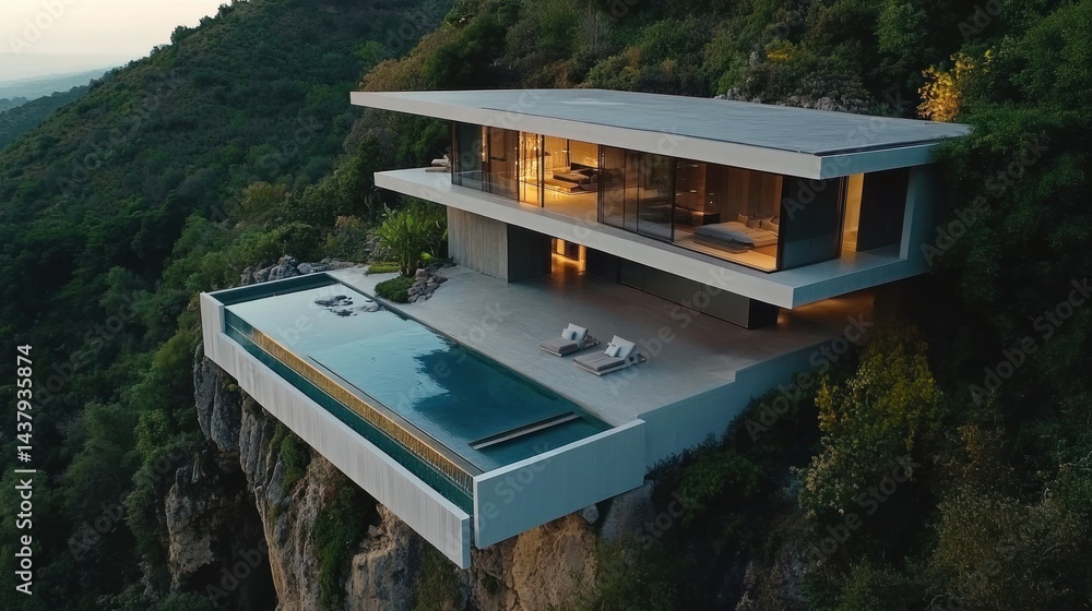 Modern minimalist house on a steep cliff, surrounded by nature with a large open terrace background wallpaper AI generated image