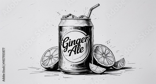 Ginger ale drink design in sketch hand drawing black and white on plain white background