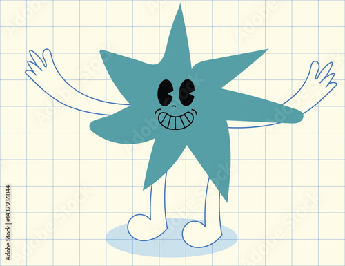 Retro Cartoon Star Character Waving Hands with a Friendly Smile