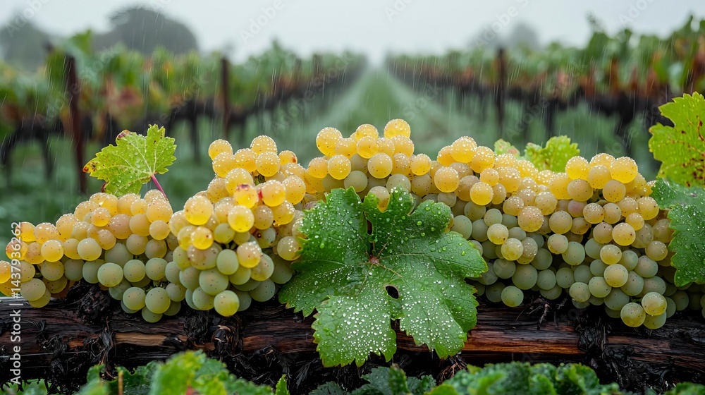 Fototapeta premium Close-up of dew-laden grape clusters on vine. Sauvignon Blanc Day