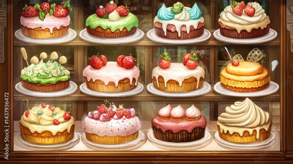 Bakery window display showing beautifully decorated cakes and tarts with subtle reflections