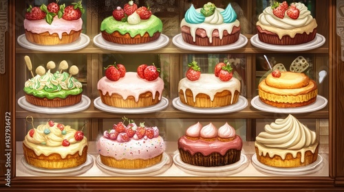 Obraz na płótnie Bakery window display showing beautifully decorated cakes and tarts with subtle reflections w salonie