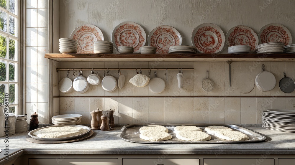 Baking scene showing a pan of raw dough rising in a warm, cozy bakery kitchen