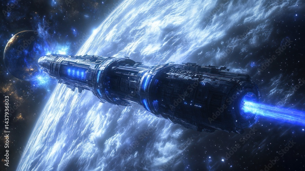A large interstellar explorer orbiting Earth, glowing with a blue energy trail, background wallpaper AI generated image