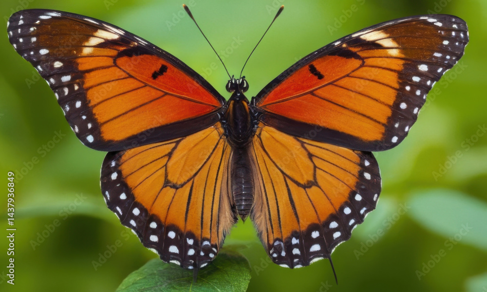 Fototapeta premium Close-up shot of an orange butterfly perched on a green leaf, great for nature or wildlife photography