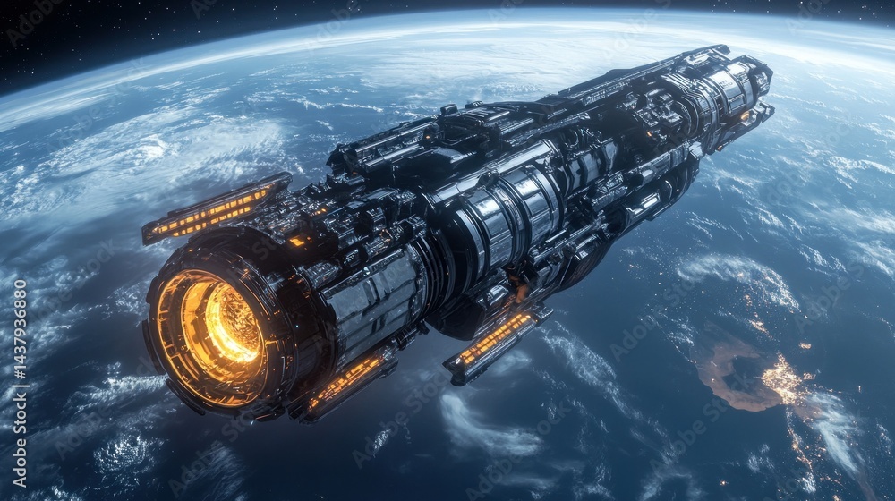 A large futuristic spaceship hovers above Earth, with a glowing core and advanced energy shields. background wallpaper AI generated image
