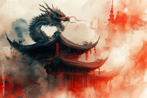 Powerful artwork of a mythical dragon emerging above a traditional Chinese temple, surrounded by swirling red mist and clouds.