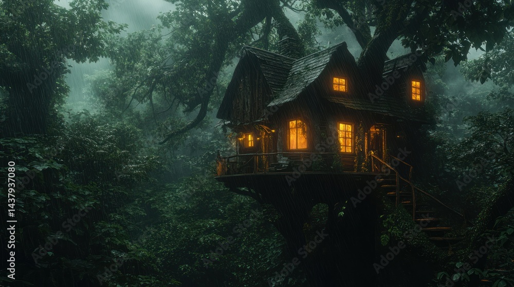 A cozy tree house hidden in the rainforest background wallpaper AI generated image