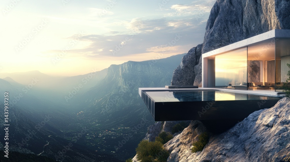 Luxury house on a steep cliff, with outdoor pool and beautiful mountain views, background wallpaper AI generated image