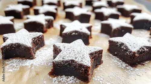 Chocolate brownies cut into squares on parchment paper, dusted with powdered sugar