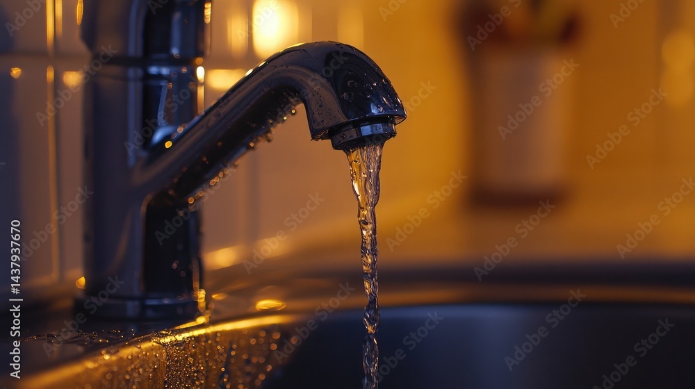 Chrome kitchen tap dripping water slowly into a stainless steel sink under warm ambient light