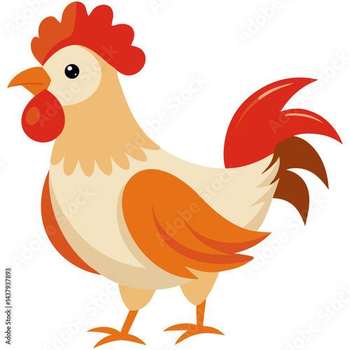 Colorful rooster standing, cartoon farm animal illustration
