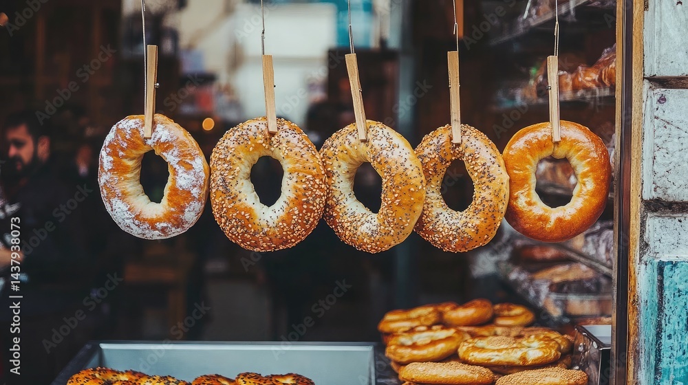 Classic bagels in various flavors hanging from wooden dowels behind a counter