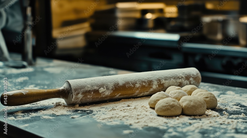 Close-up of a flour-dusted rolling pin beside dough balls on a prep counter