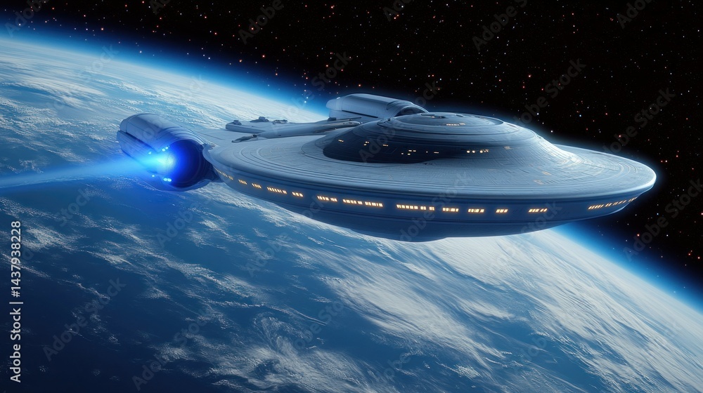 A large space cruiser hovering just above Earth, with a glowing blue energy system, background wallpaper AI generated image