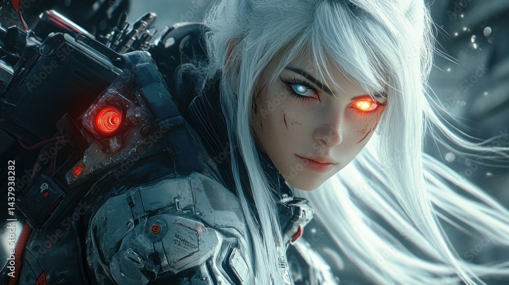 A stylish anime style female soldier with white hair, glowing cybernetic cyborg eyes. background wallpaper AI generated image