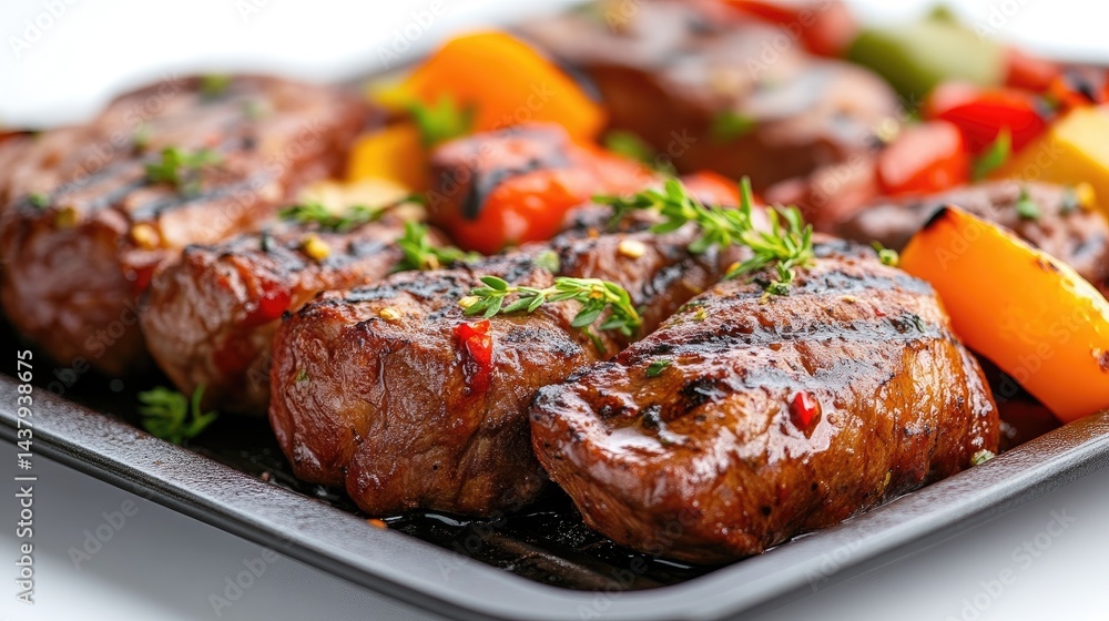 Juicy grilled steak with colorful vegetables on a sizzling tray, close-up view of appetizing meat and vibrant peppers, and indoor setting. Juicy grilled steak with colorful vegetables on a sizzling tray, close-up view of appetizing meat and vibrant peppers, and indoor setting.