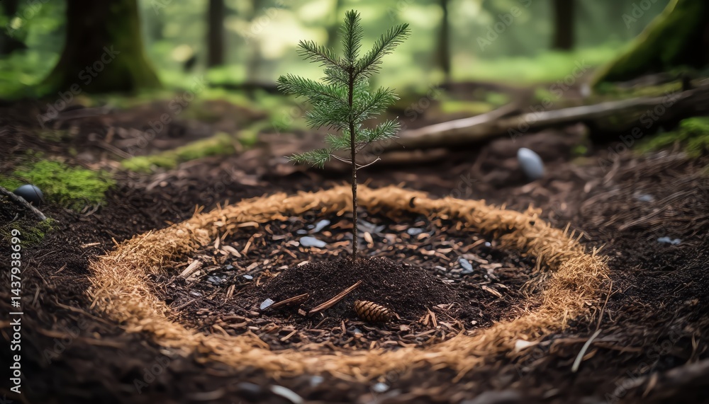 Fototapeta premium Diagonal view of bark, cones, and twigs forming a protective mulch ring around a young sapling, illustrating natural moisture retention and soil protection techniques in gardening