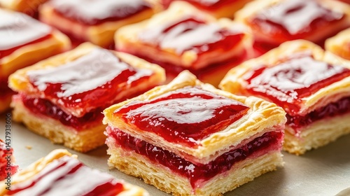 Close-up of layered puff pastry slices with fruit filling and shiny glaze