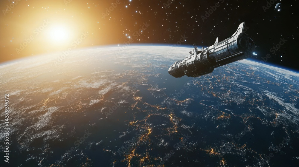 A large interstellar explorer ship with large thrusters orbiting the Earth background wallpaper AI generated image