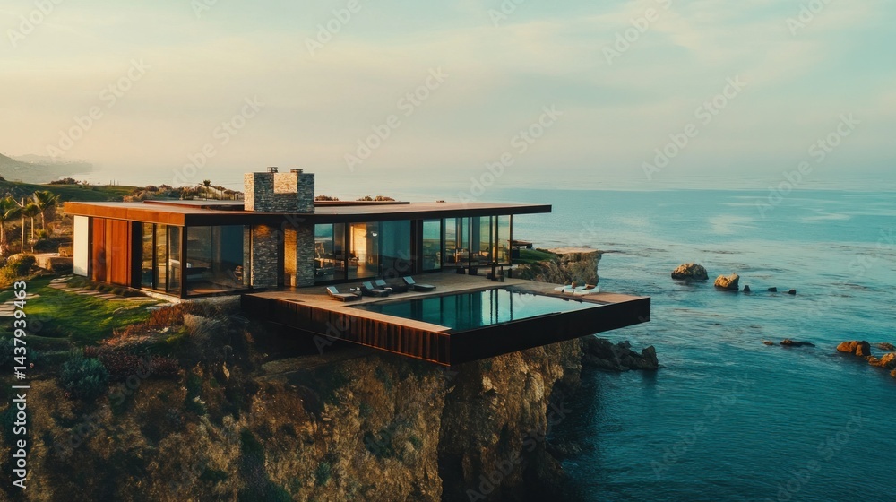Elegant modern house overlooking the ocean from a cliff and spacious open space, background wallpaper AI generated image