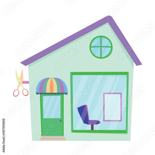 Barber shop building with big window. Scissors on wall as barber shop advertisement. Vector illustration