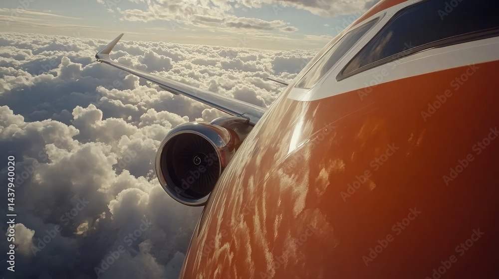 Fototapeta premium Engine cowling with clean brand logo captured from a low angle against the sky