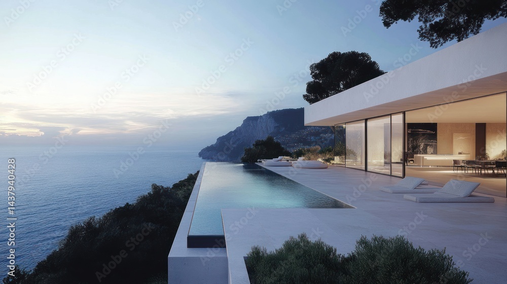 Modern minimalist house on the edge of a cliff, with a swimming pool overlooking the sea background wallpaper AI generated image