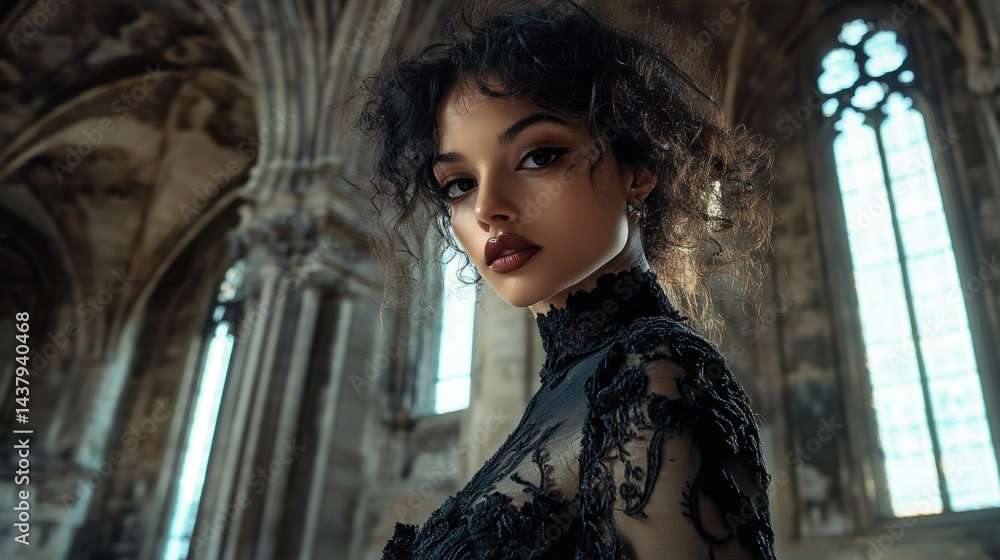 elegant gothic woman beauty in black lace dress with silver accents, background wallpaper AI generated image