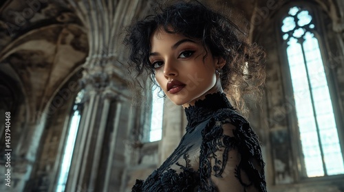 Obraz na płótnie elegant gothic woman beauty in black lace dress with silver accents, background wallpaper AI generated image w salonie