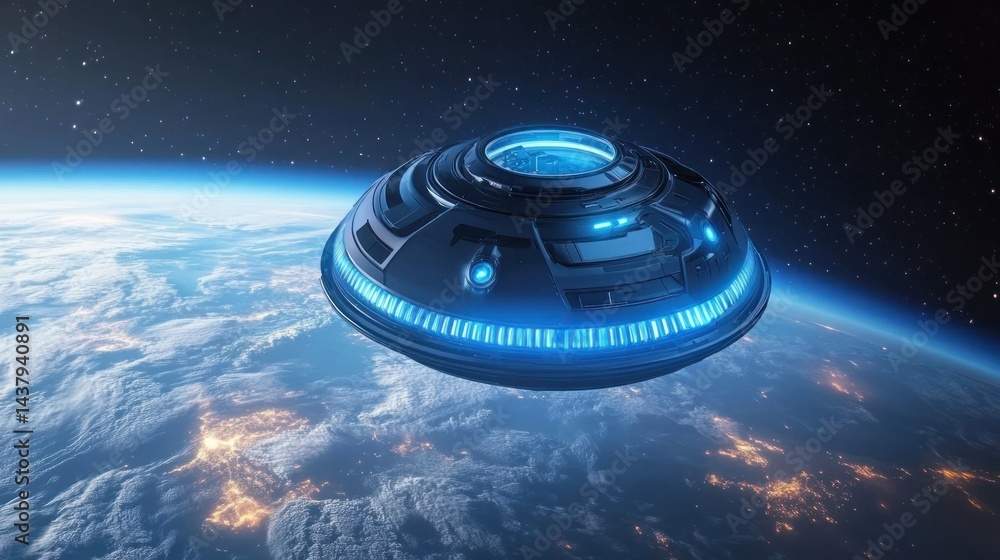 A huge spaceship flying over the Earth, surrounded by a dark starry sky background wallpaper AI generated image